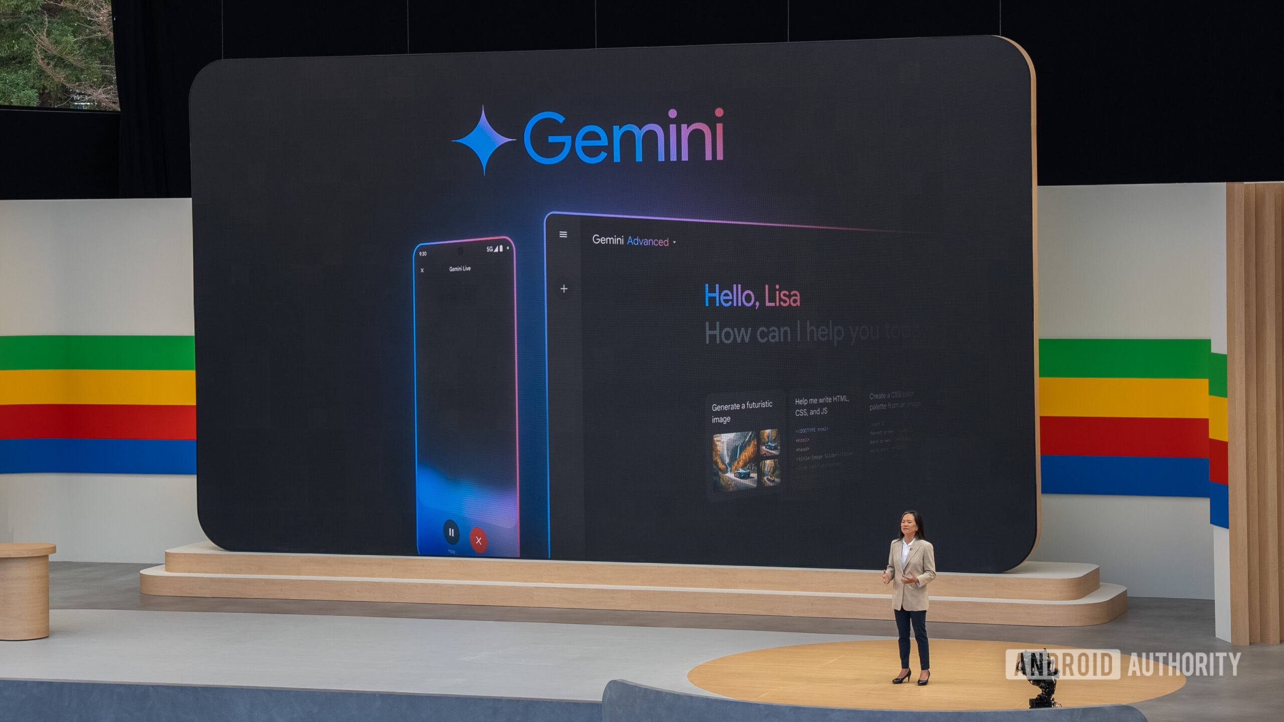 gemini logo google io Google Gemini logo and app shown on two Android devices at Google I/O