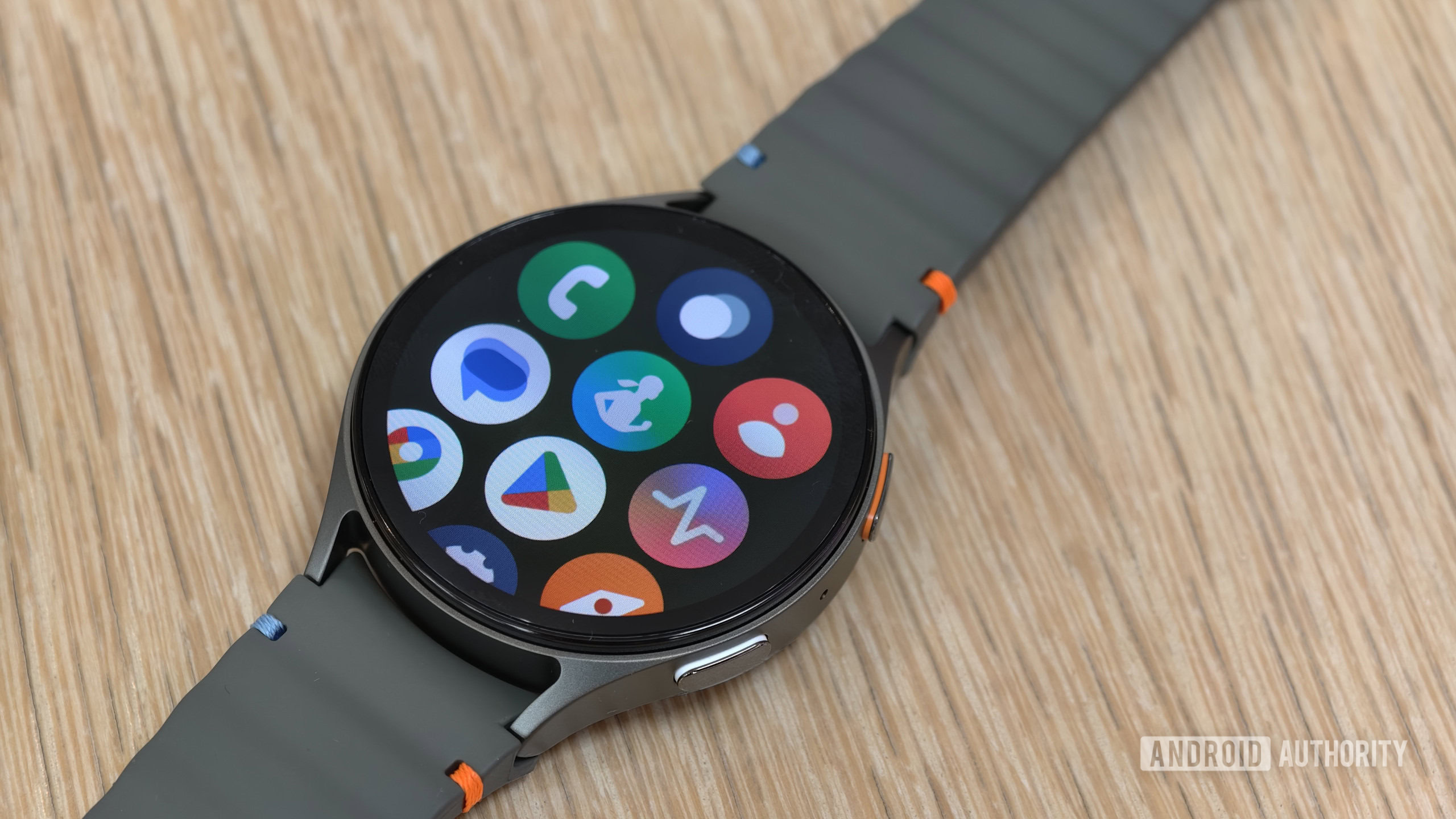 Samsung Galaxy Watch 7 on table The Samsung Galaxy Watch 7 on a table.