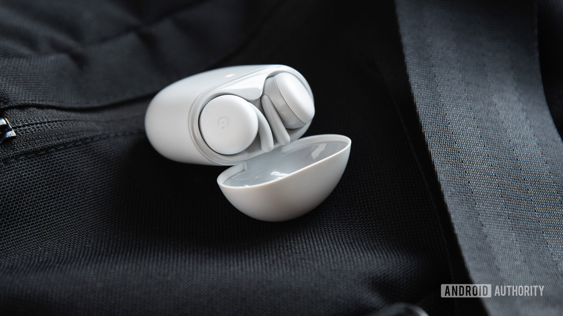 Google Pixel Buds A Series earbuds case open The Google Pixel Buds A-Series earbuds in the open case.