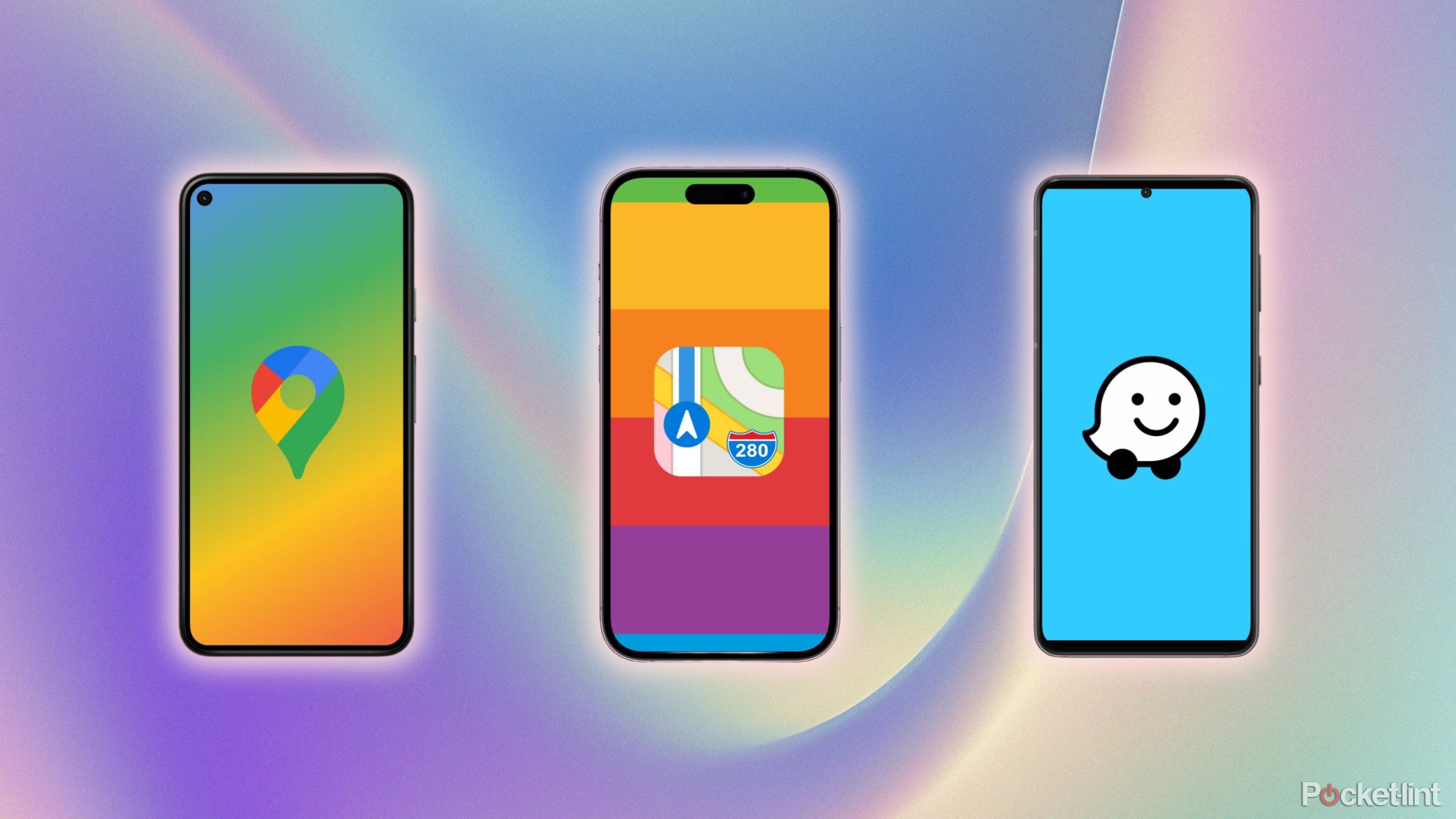 Google Maps, Apple Maps, and Waze on phones side by side.