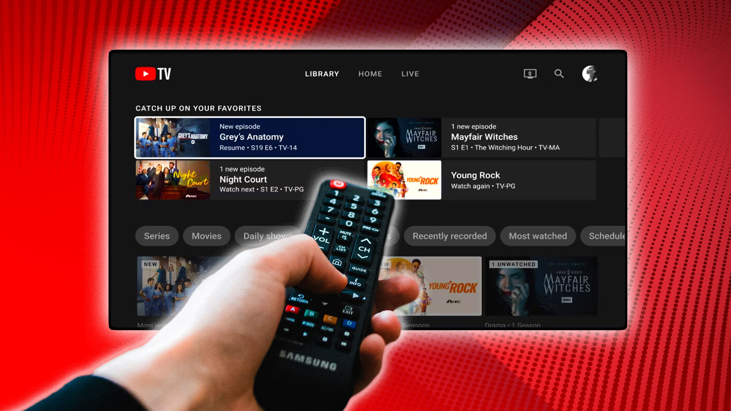 A person with a remote pointing it at YouTube TV.