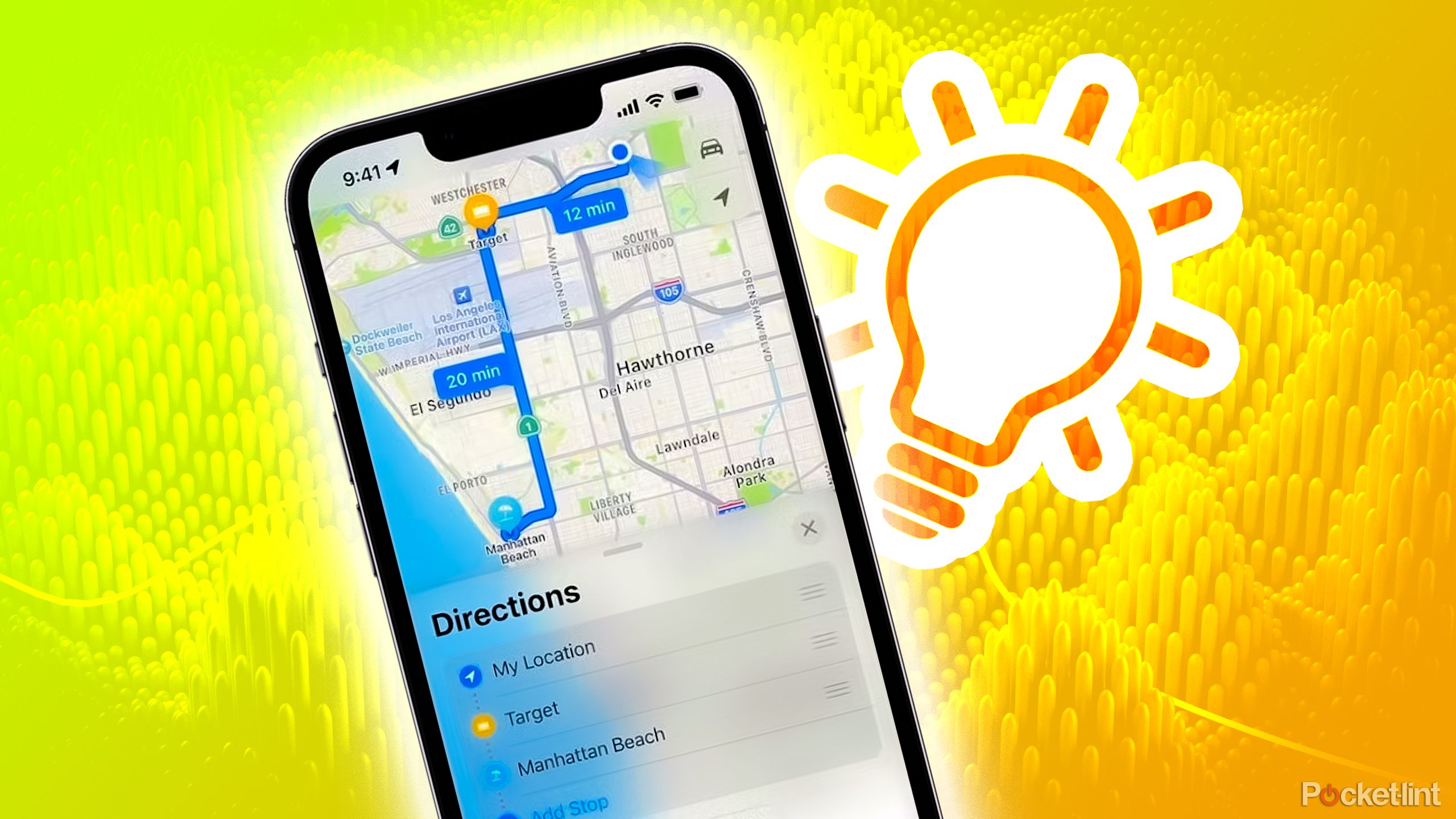 An iPhone with maps up next to a lightbulb icon.