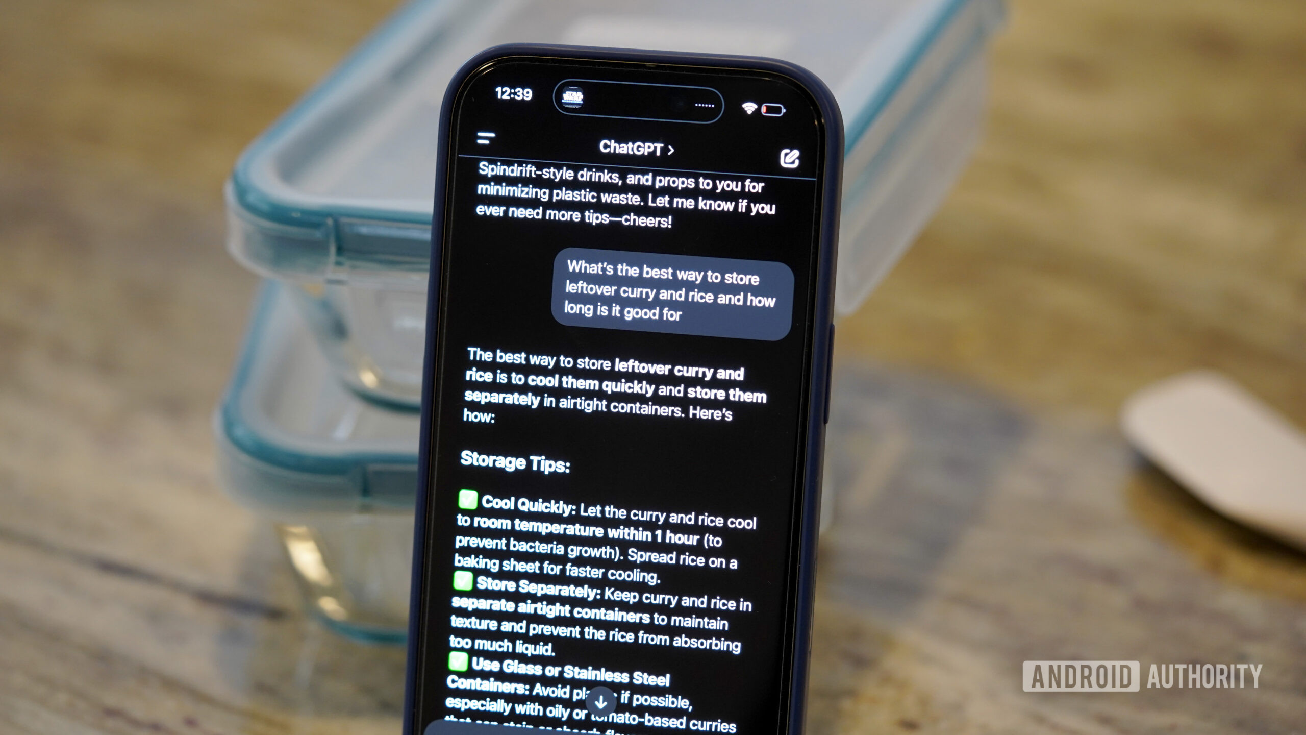 ChatGPT Food storage A users's iPhone displays tips from ChatGPT related to food storage.