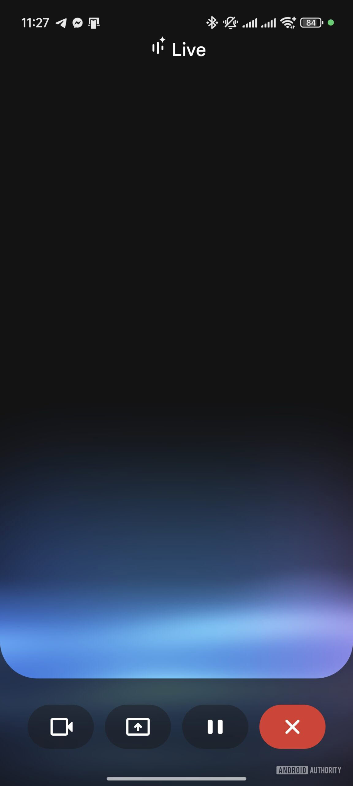 Gemini Live UI with live video and screen sharing buttons