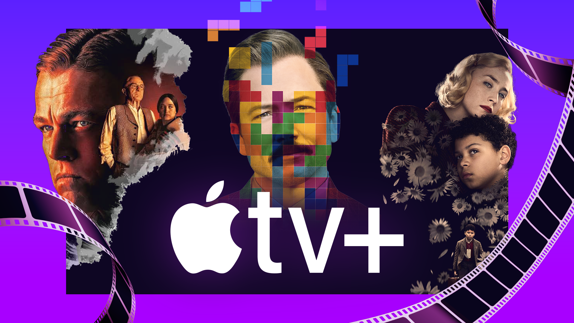 Apple TV+ logo with movie covers in the background and film strips around.