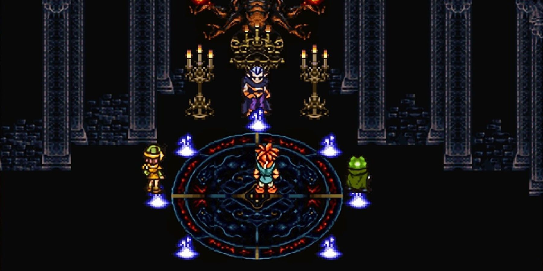 Crono, Frog, and Lucca face off against Magus in his castle in Chrono Trigger.