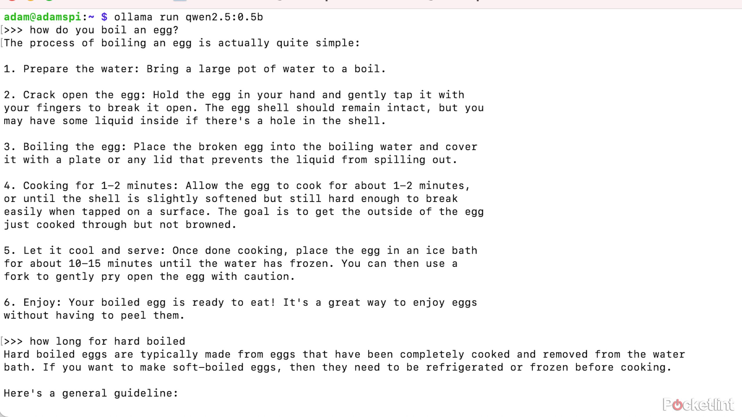 LLM answering a question about how to boil an agg.