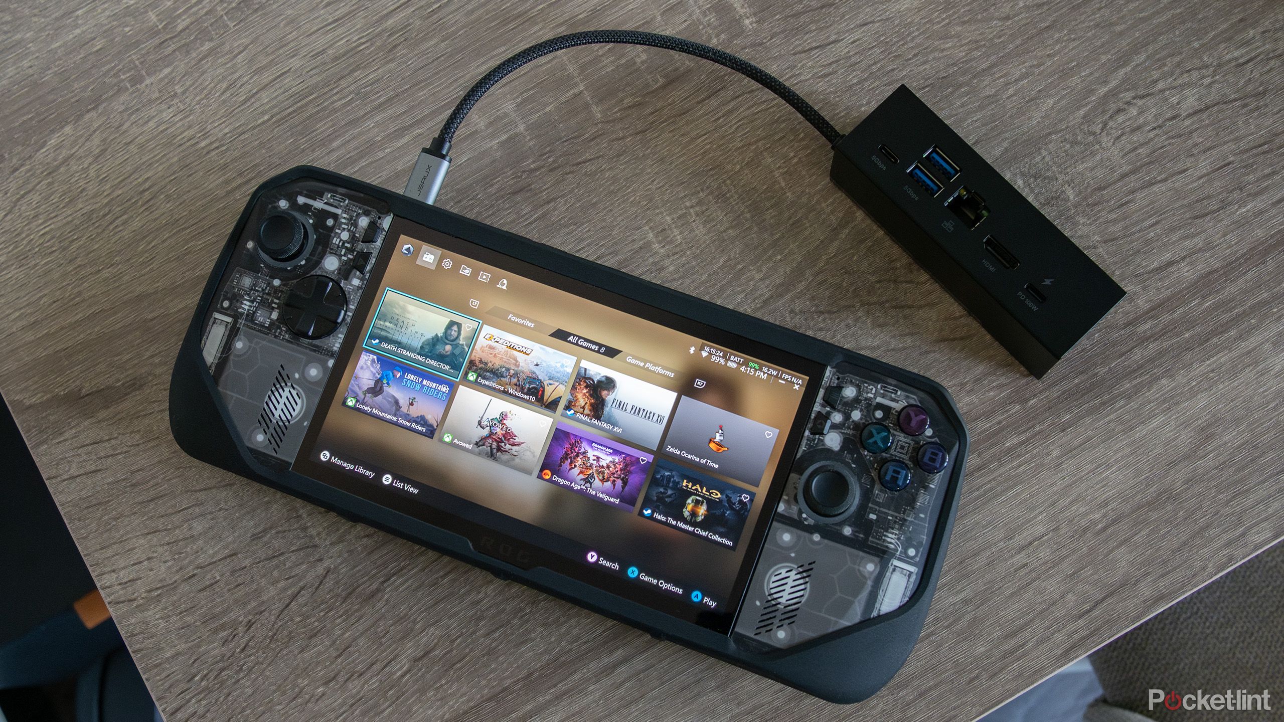 The ROG Ally X's screen on and connected to the Jsaux dock