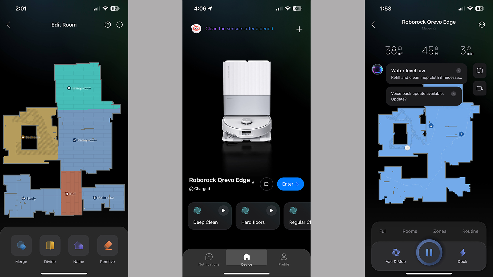 Screenshots of the Roborock app for setting up the Qrevo Edge