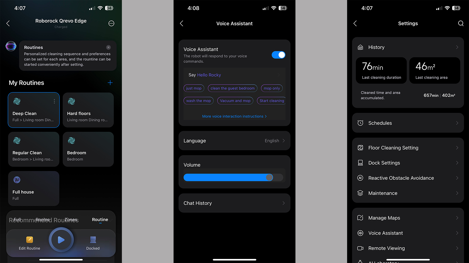 Screenshots of the Roborock app for setting up the Qrevo Edge