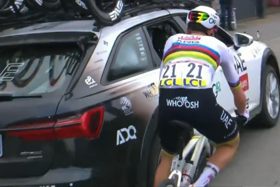 Tadej Pogačar hit by own team car at Paris-Roubaix