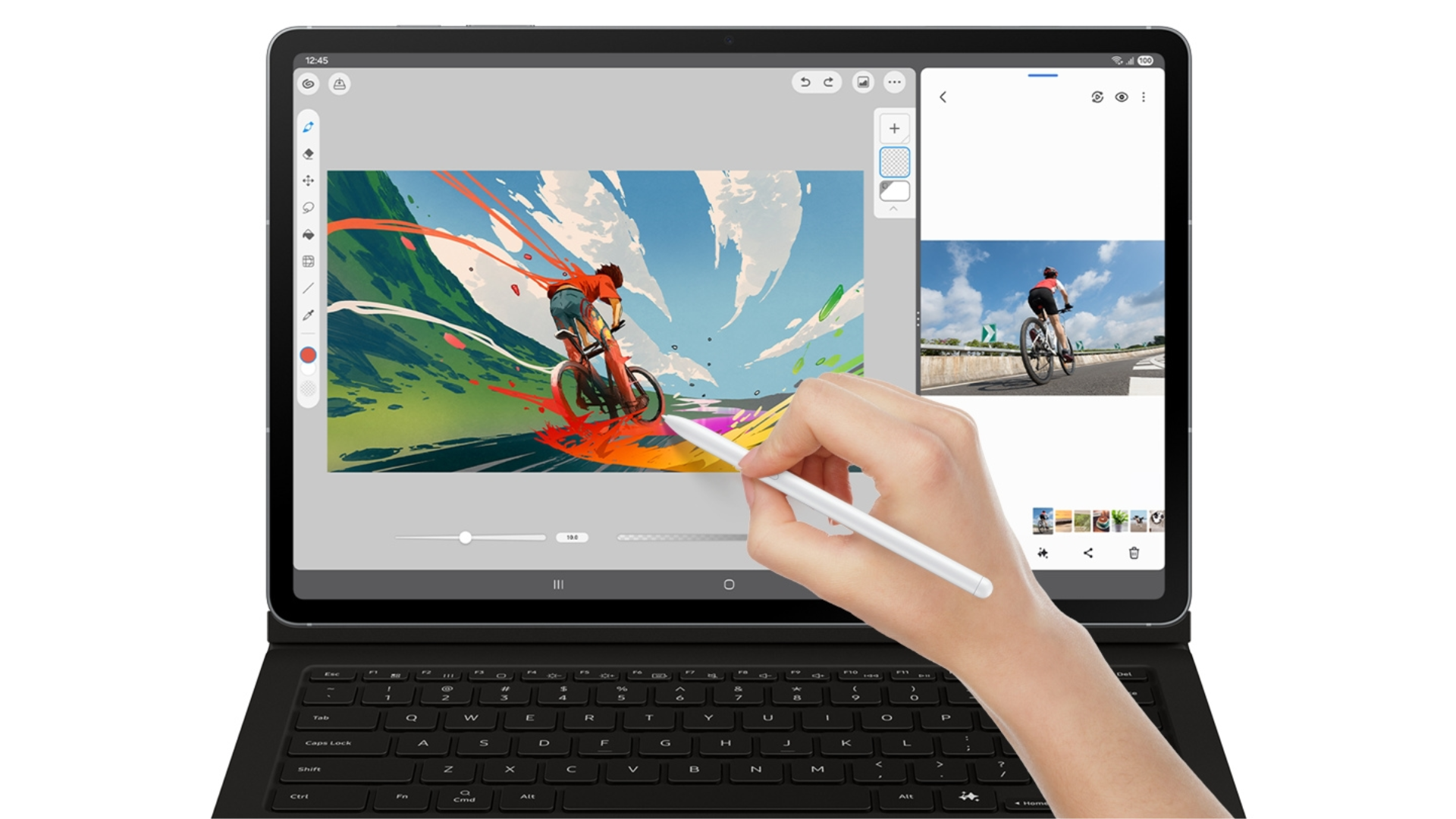 Image of the Galaxy Tab S10 FE with the keyboard case attached and S Pen held in hand.