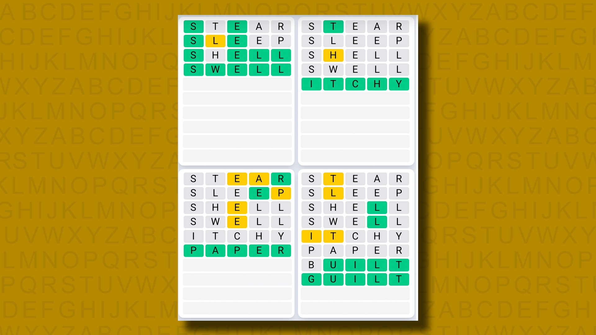 Quordle Daily Sequence answers for game 1182 on a yellow background