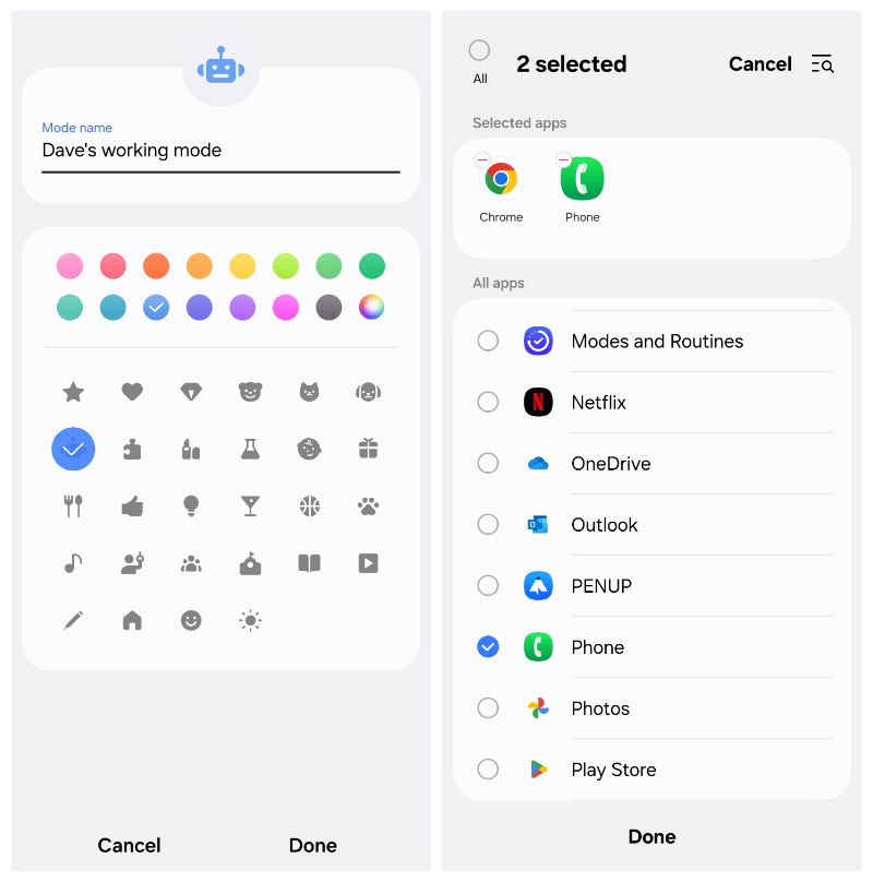 On the left: Screen headed by Dave’s working mode, under which are differently colored circles and icons. On the right: Two selected apps, below, a list of apps.