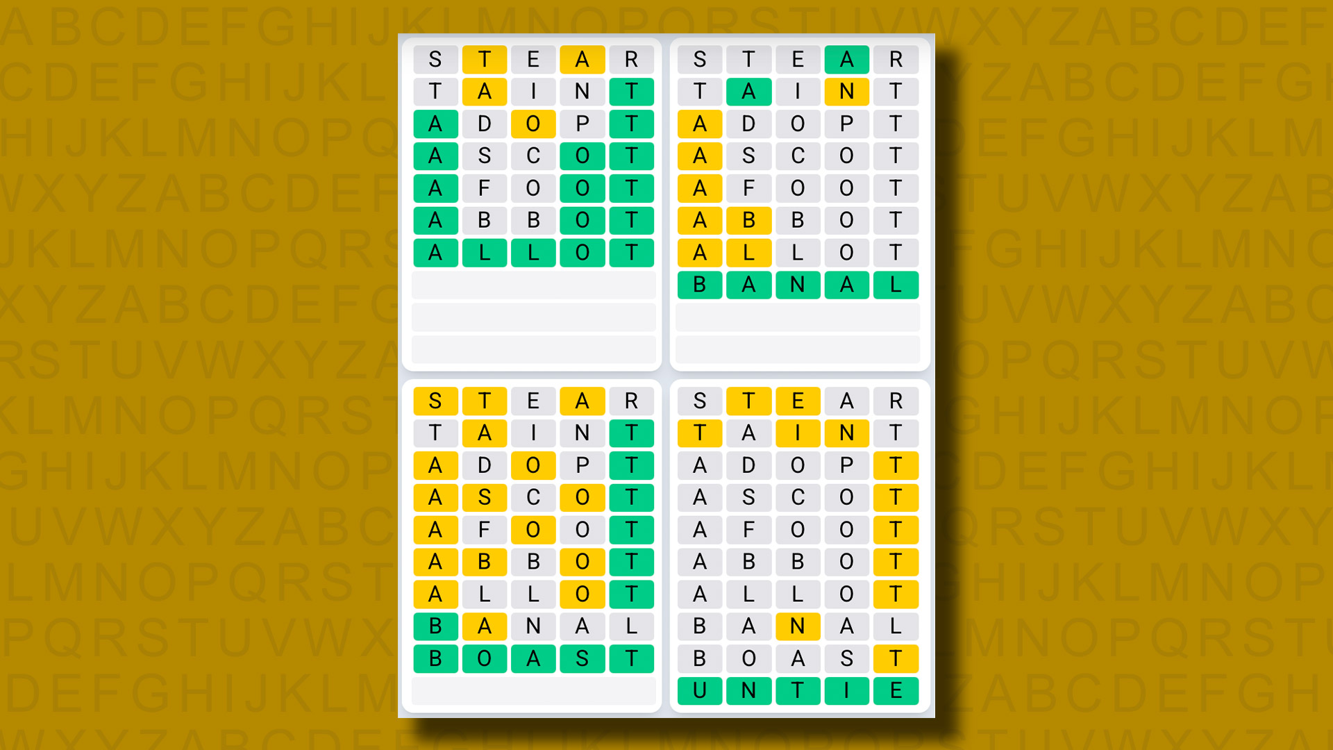 Quordle Daily Sequence answers for game 1183 on a yellow background