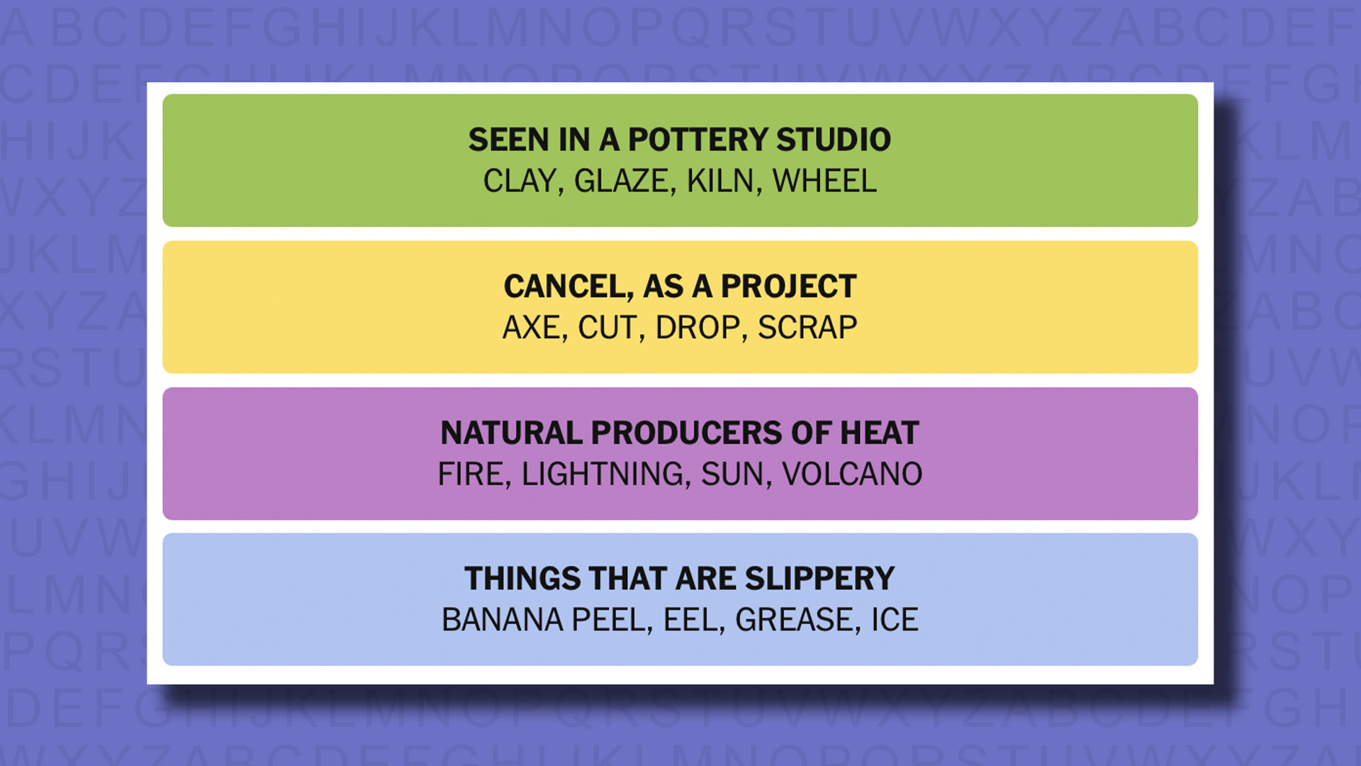 NYT Connections answers for game 681 on a purple background