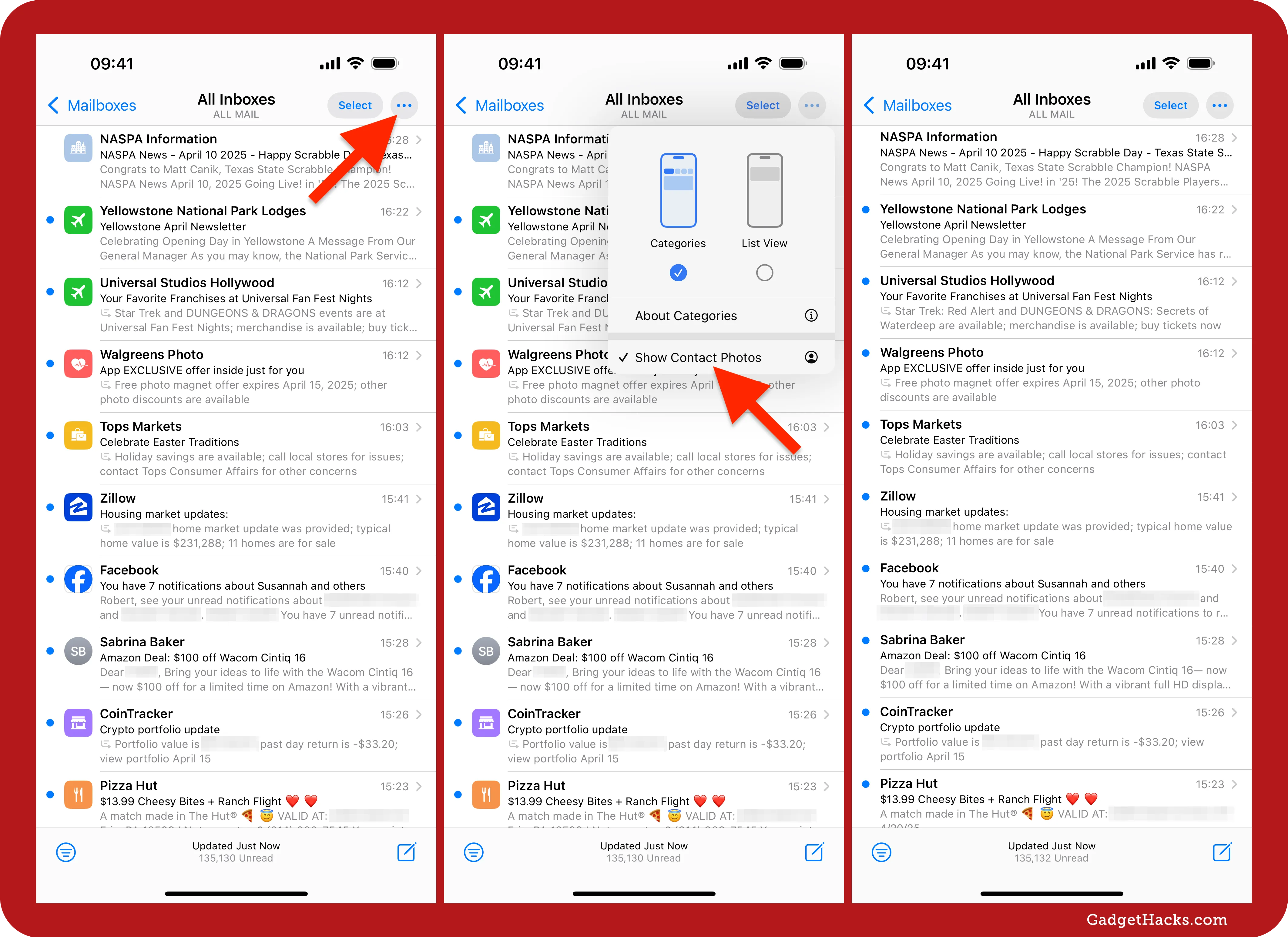 Mail app inbox on iOS showing contact photos beside messages, with the middle screen displaying the ‘Show Contact Photos' toggle in the view options menu.