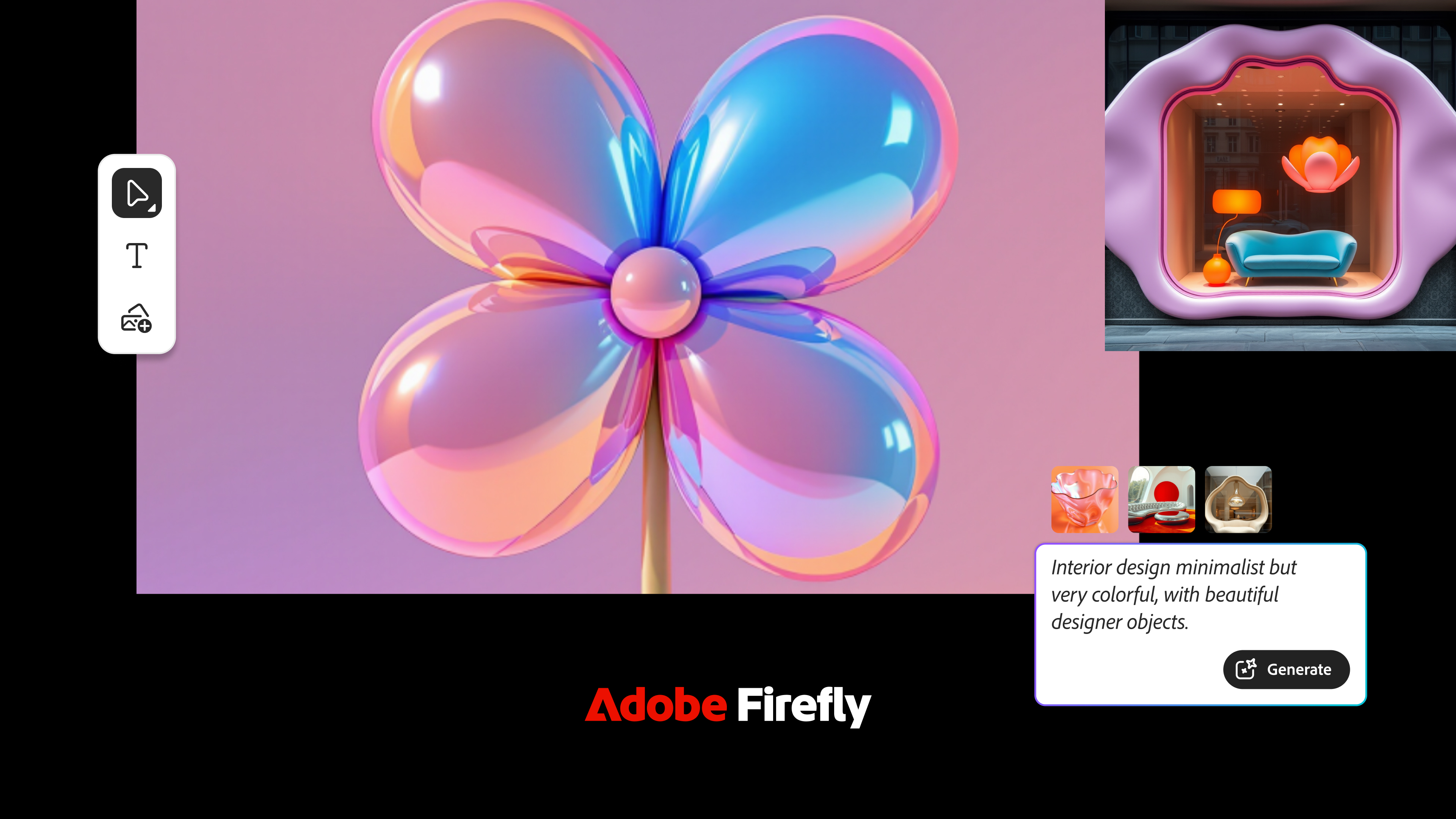 Adobe Firefly Boards interface, including an graphical image of a bubble flower