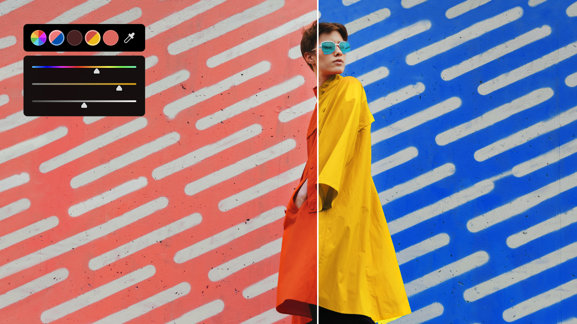 The Adobe Photoshop UI with bright portrait image and latest adjust colors tool window