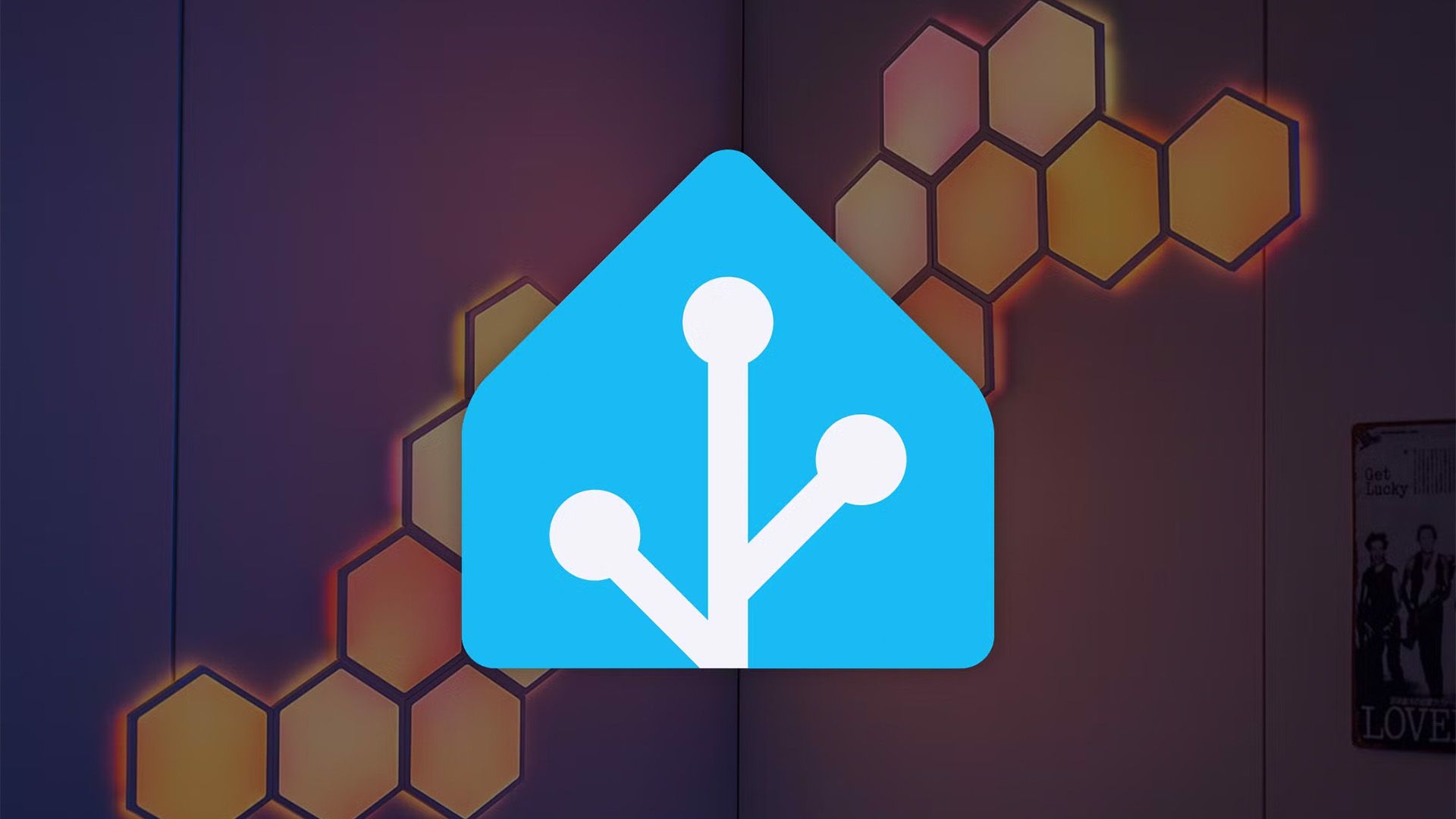 The Home Assistant logo with Octocon RGB LED lights on the wall in the background