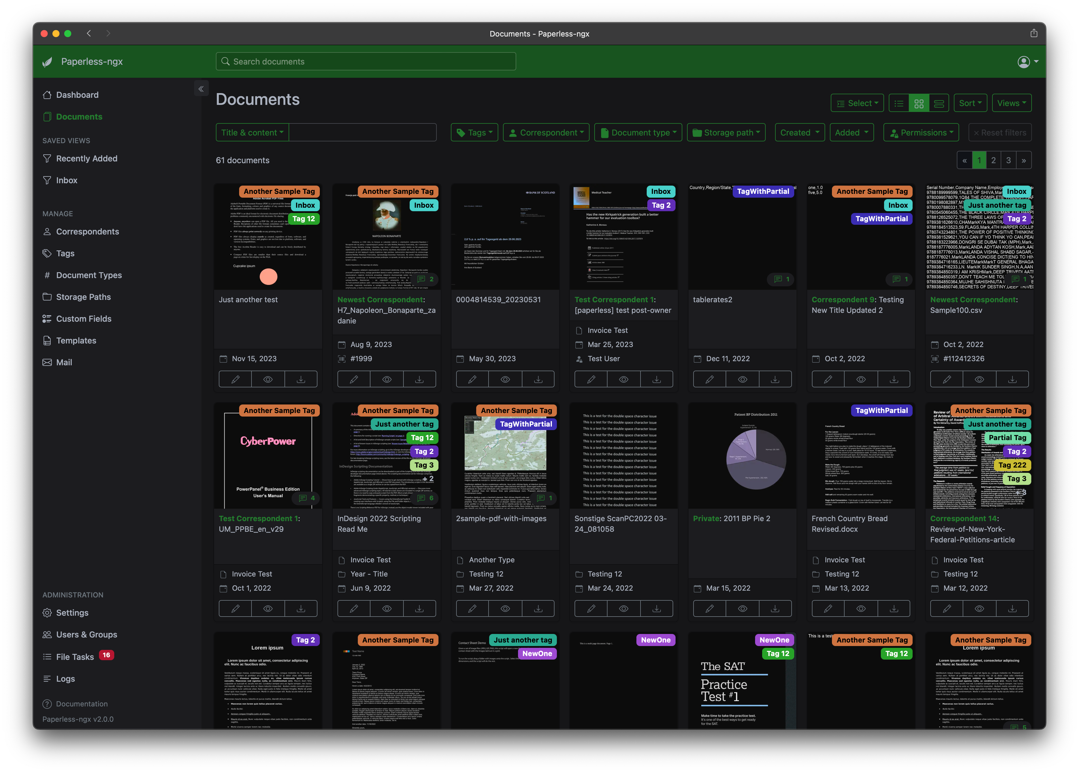 The Paperless-ngx document organization software interface showing scanned documents.