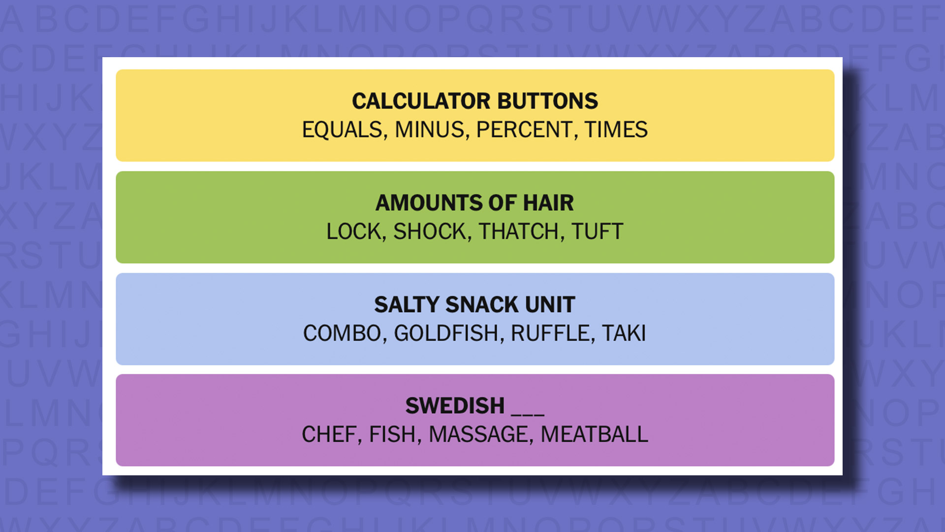 NYT Connections answers for game 686 on a purple background
