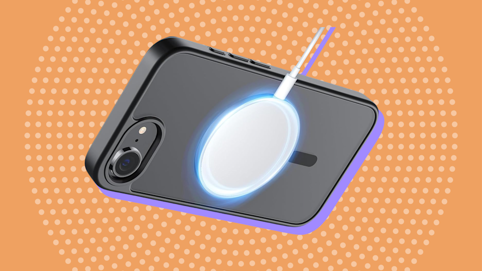 A photo of an iPhone 16e MagSafe-compatible case with a magnetic charging pad attached.