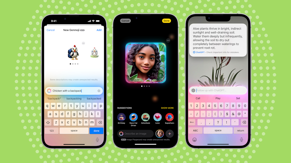 A few examples of Apple Intelligence, from left to right: Genmoji, Image Playground and Visual Intelligence (via ChatGPT). (Rick Broida/Yahoo)