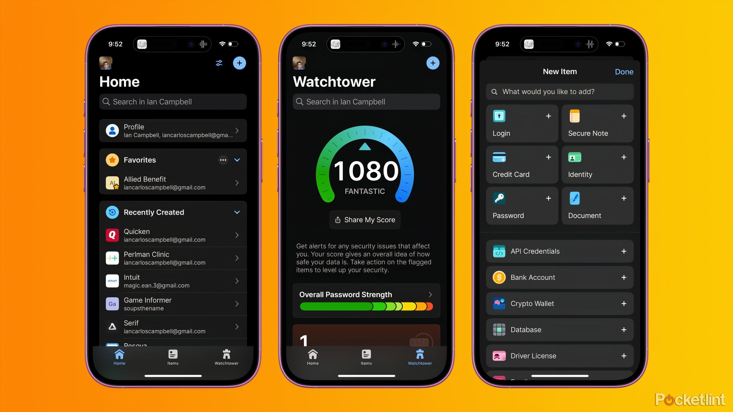 Three screenshots of the 1Password app on an iPhone 16.