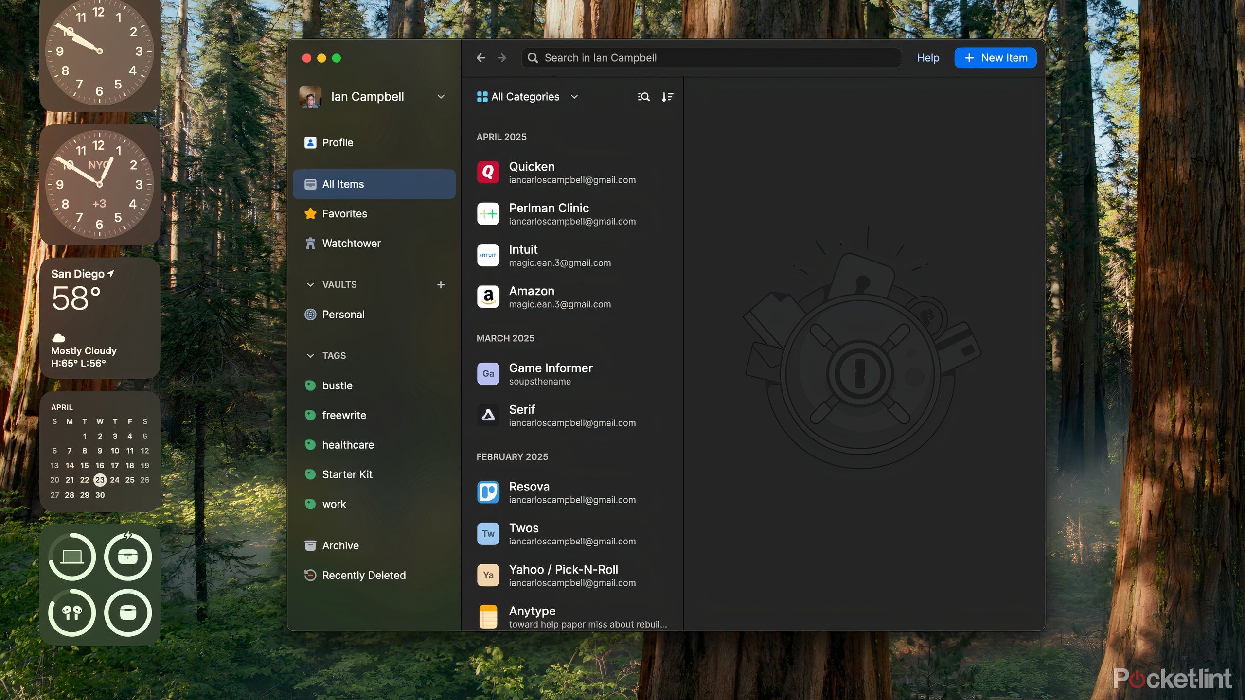 A macOS desktop with the 1Password app open.