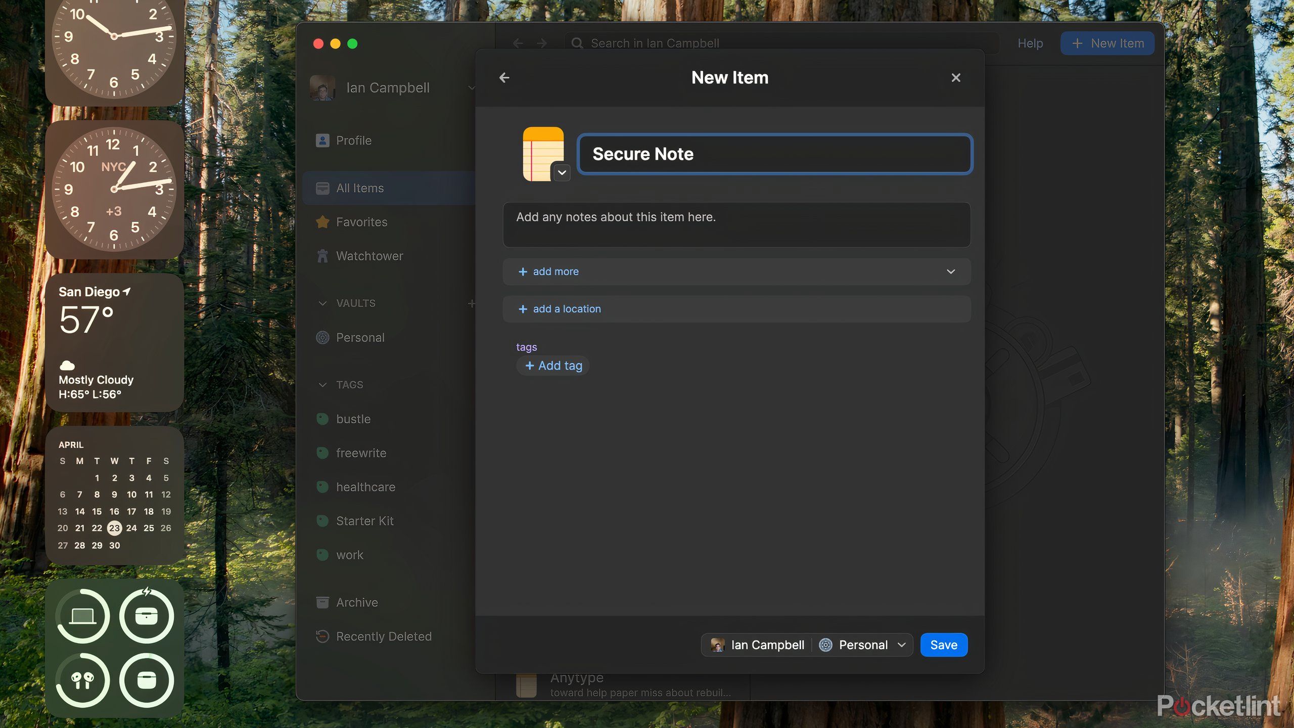 Making a secure note in 1Password on macOS.