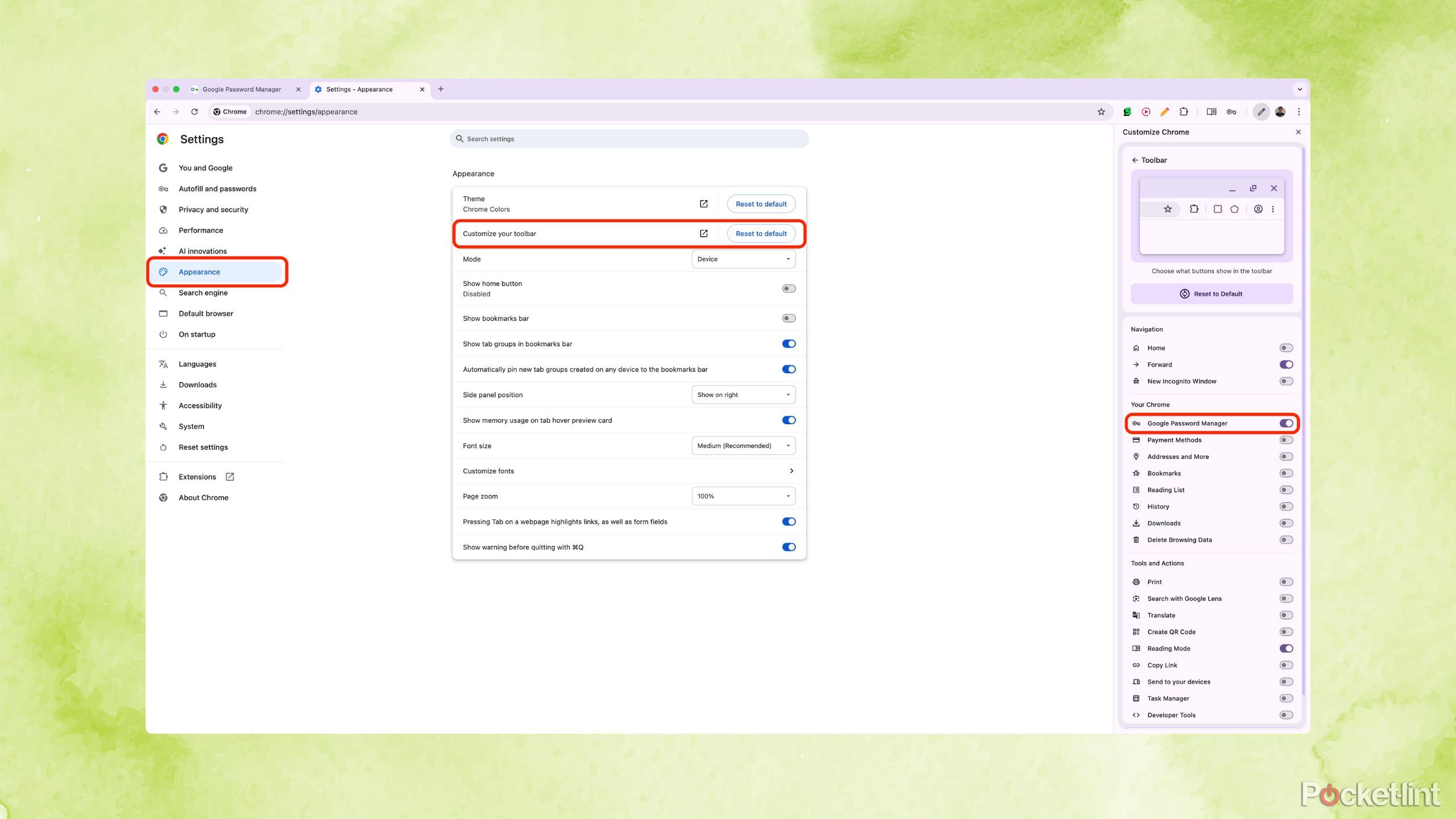 Google Password Manager Chrome toolbar
