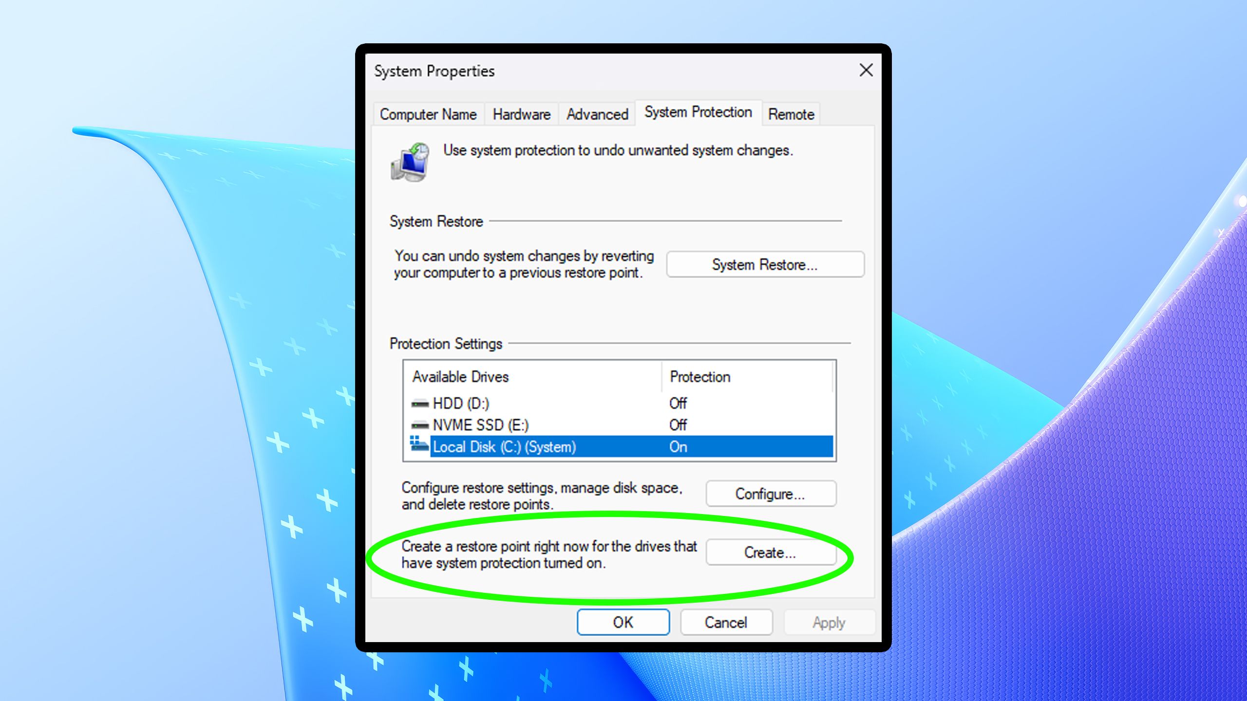System Restore Windows 11 setting.