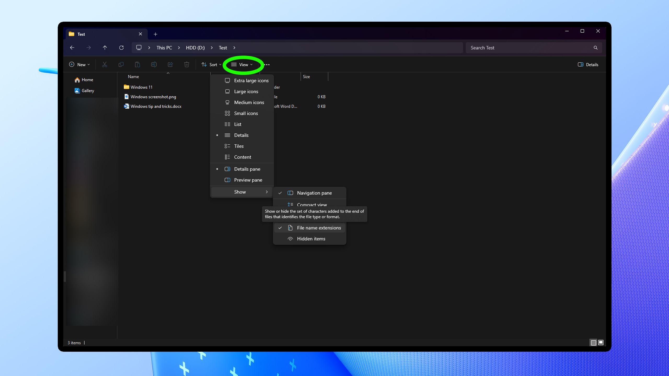 Enabling file extensions in Windows 11.