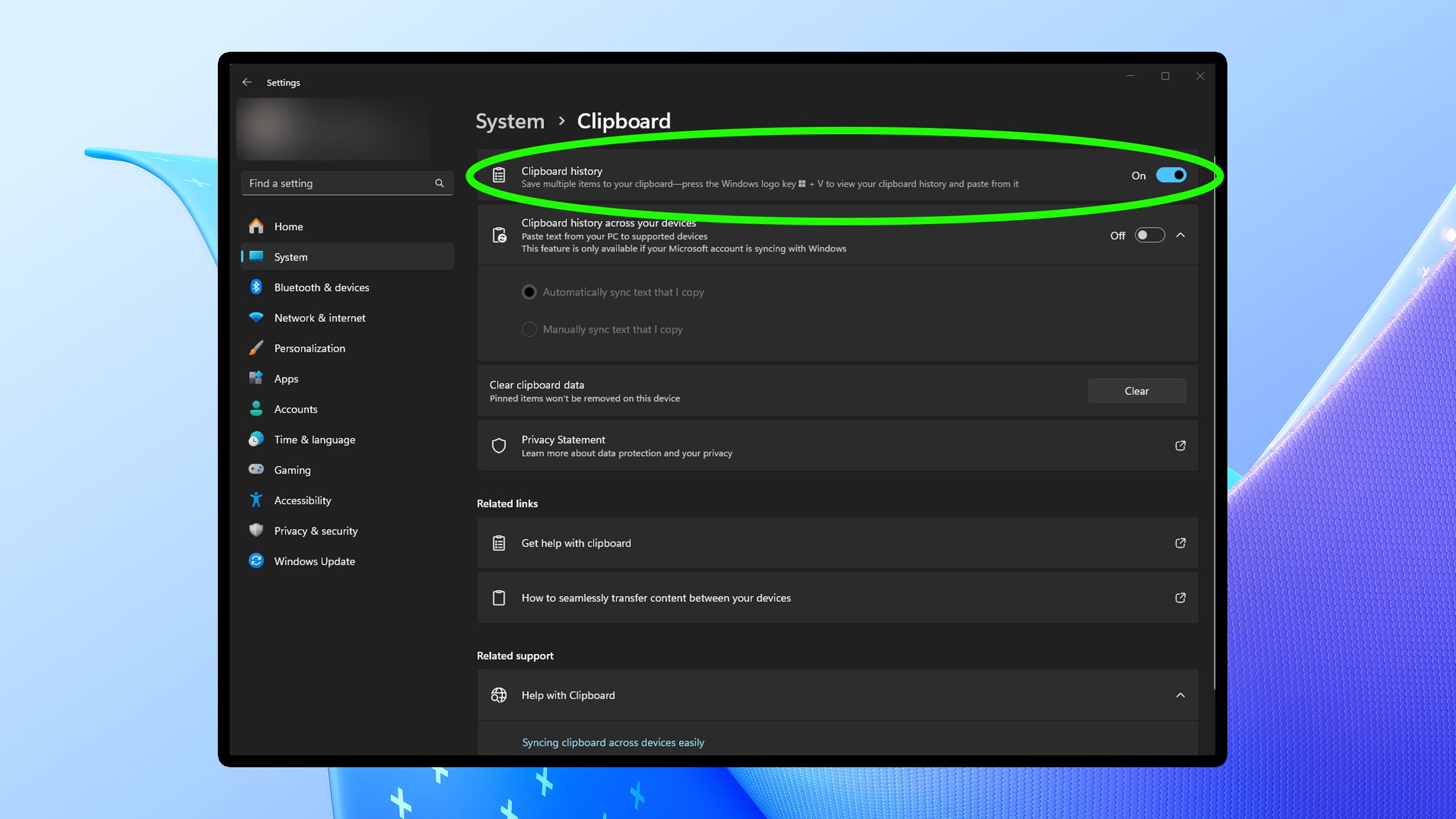 Enabling Clipboard History in Windows 11.