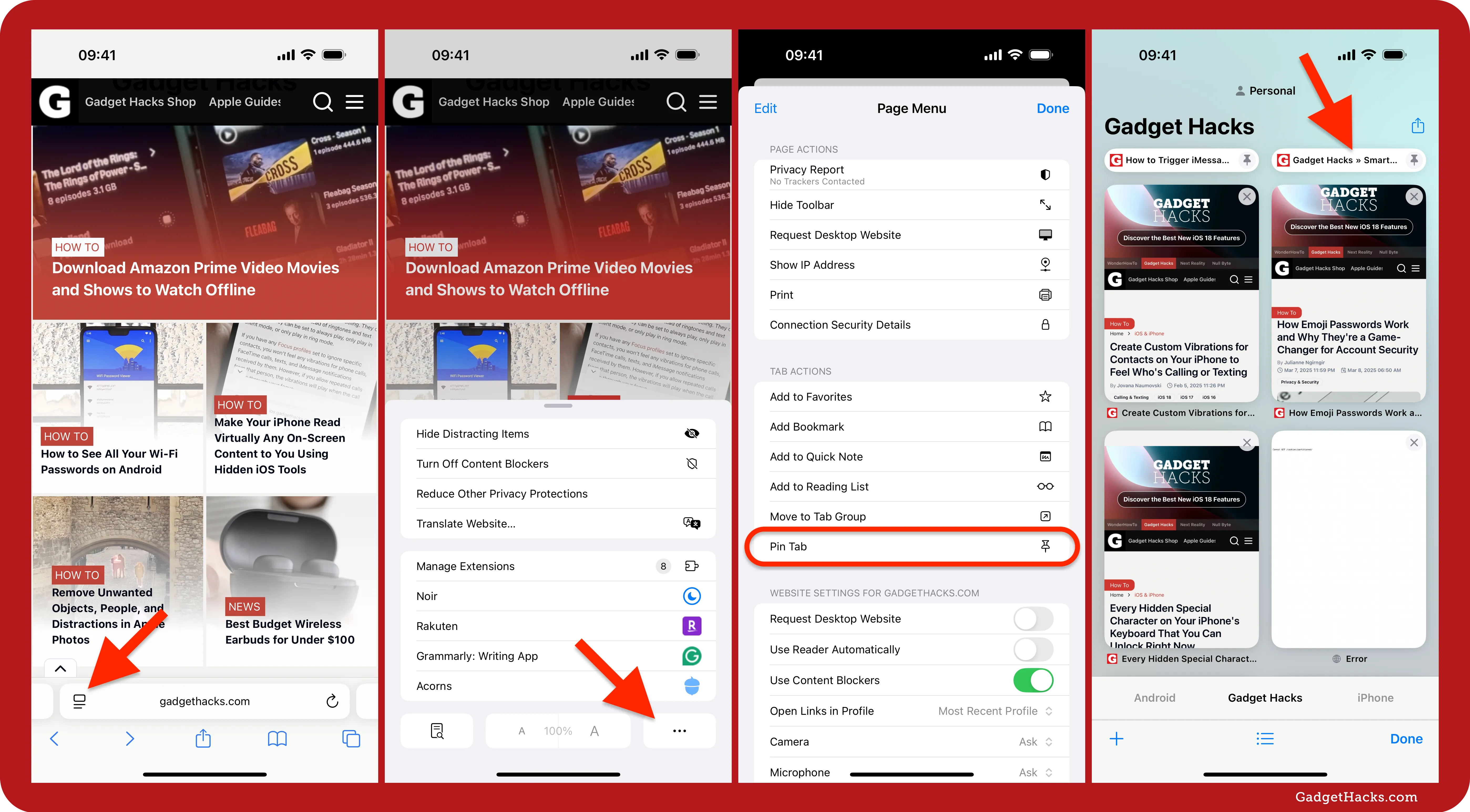 On iOS Safari, open Page Settings, select Pin Tab, and the Gadget Hacks site locks atop the Tab Switcher grid.