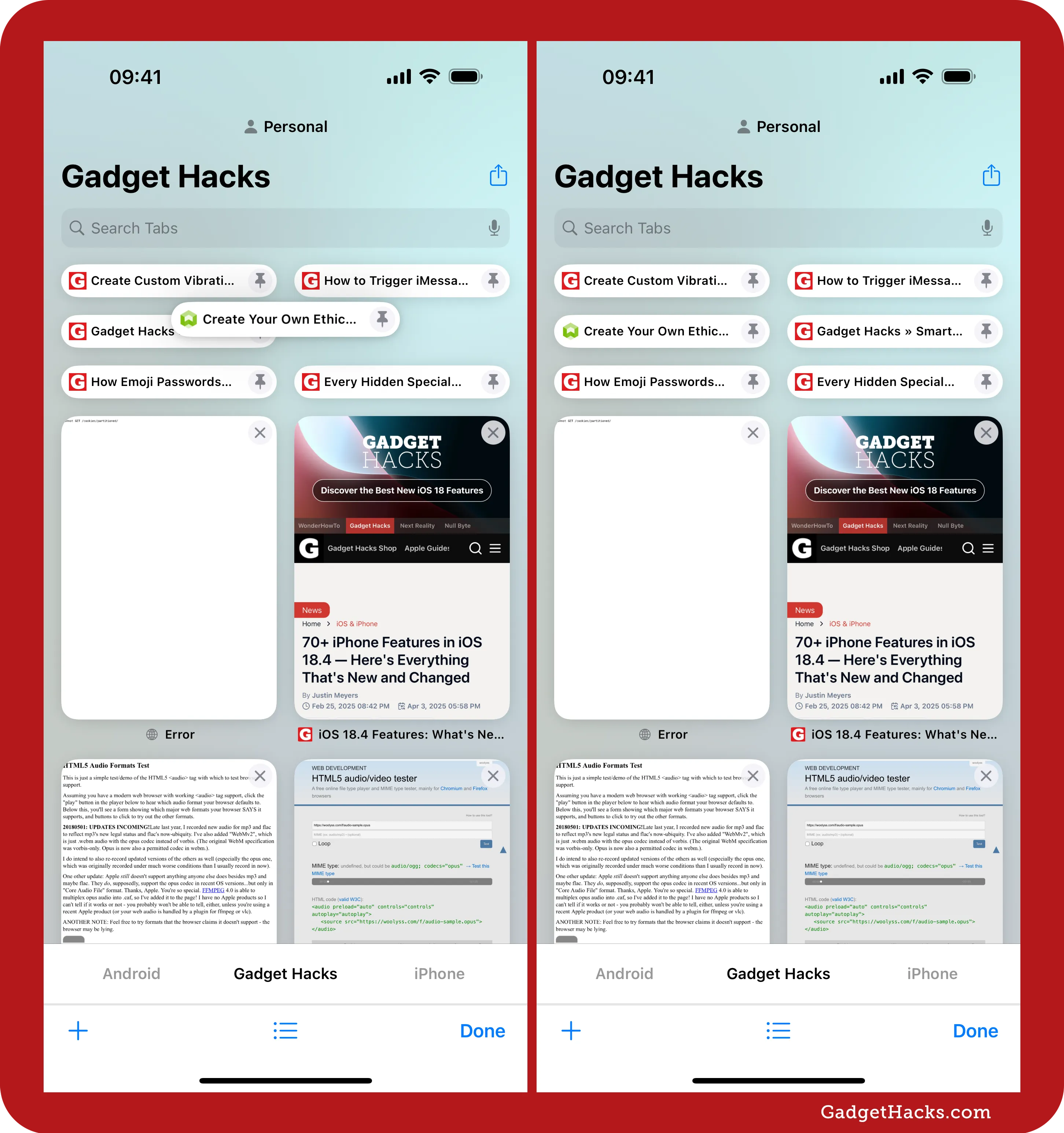 Two Safari Tab Overview screenshots show dragging pinned tabs to rearrange order within Gadget Hacks tab group on iPhone.