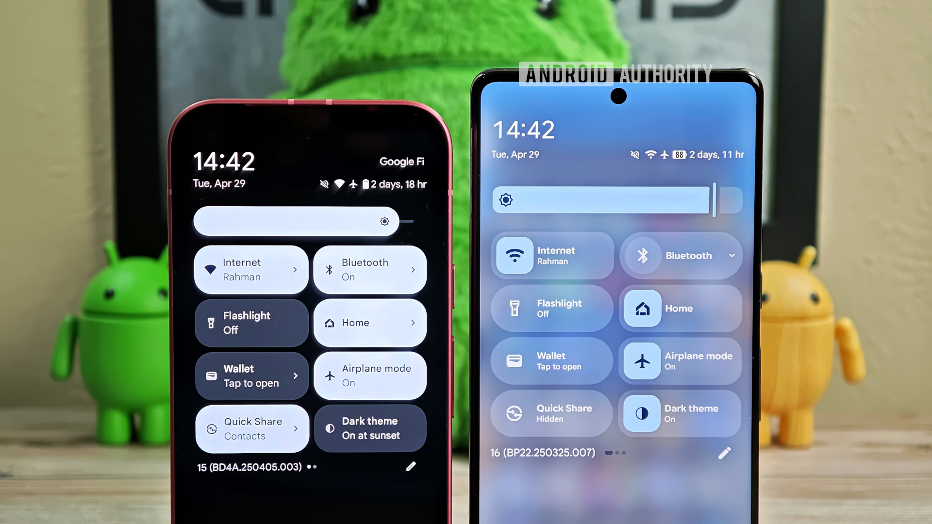 Old vs new Quick Settings design in dark mode