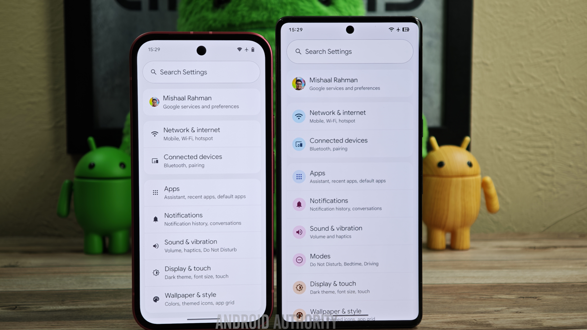 Old vs new Settings homepage in Android