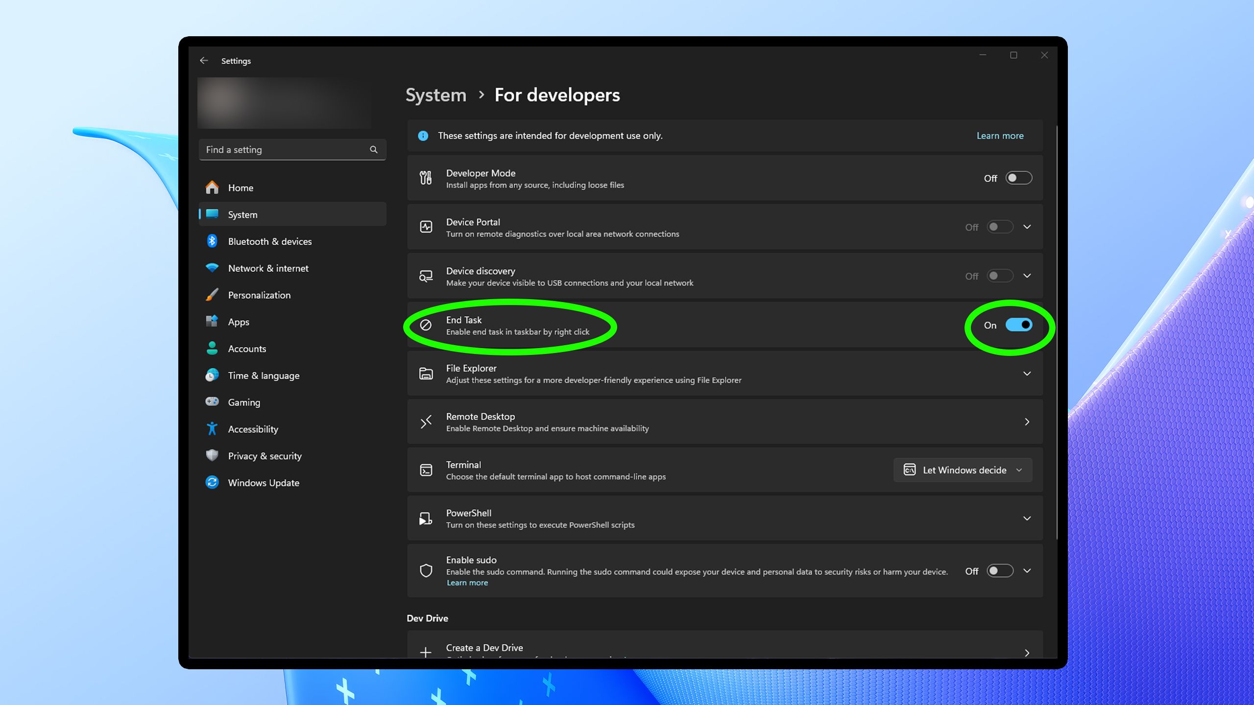 End Task Windows 11 settings.