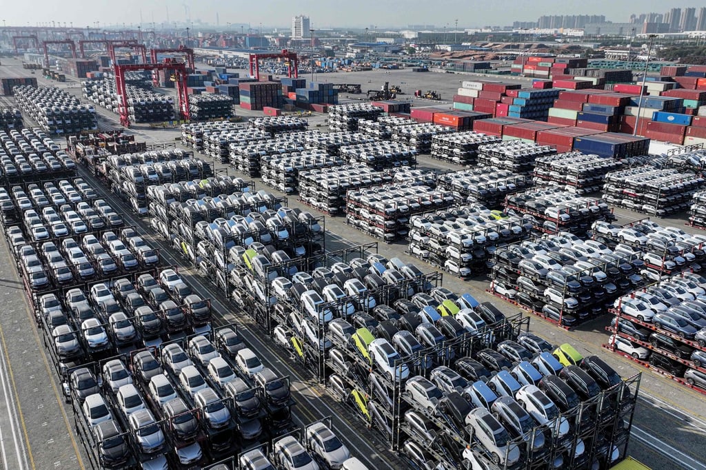 BYD electric cars, bound for South America, are stacked at the Taicang Port in Suzhou in eastern Jiangsu province on April 8, 2025. Photo: AFP BYD electric cars, bound for South America, are stacked at the Taicang Port in Suzhou in eastern Jiangsu province on April 8, 2025. Photo: AFP