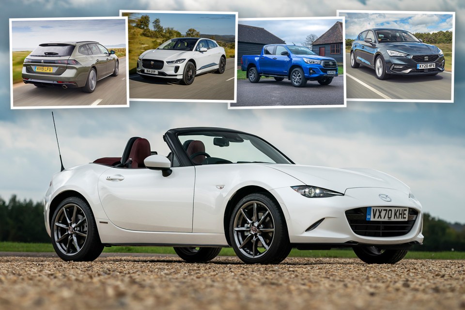 Collage of various cars, including a convertible.