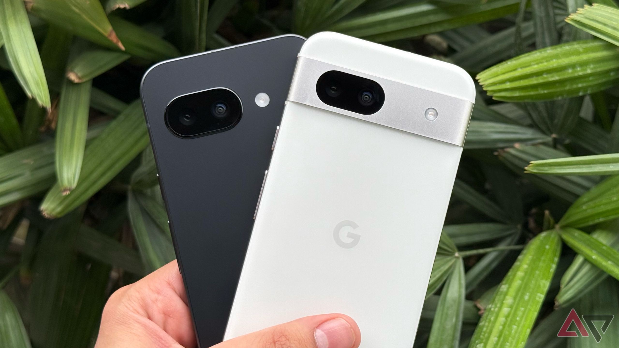 Google Pixel 9a next to Google Pixel 8a held together to show rear designs