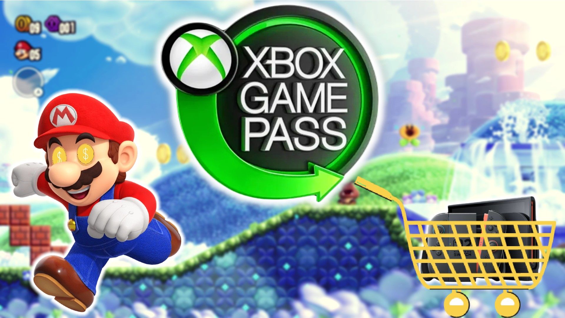 Xbox Game Pass logo in between Mario with gold coins in his eyes and a Nintendo Switch 2 in a yellow shopping Cart and the background is a level from Mario Bros Wonder