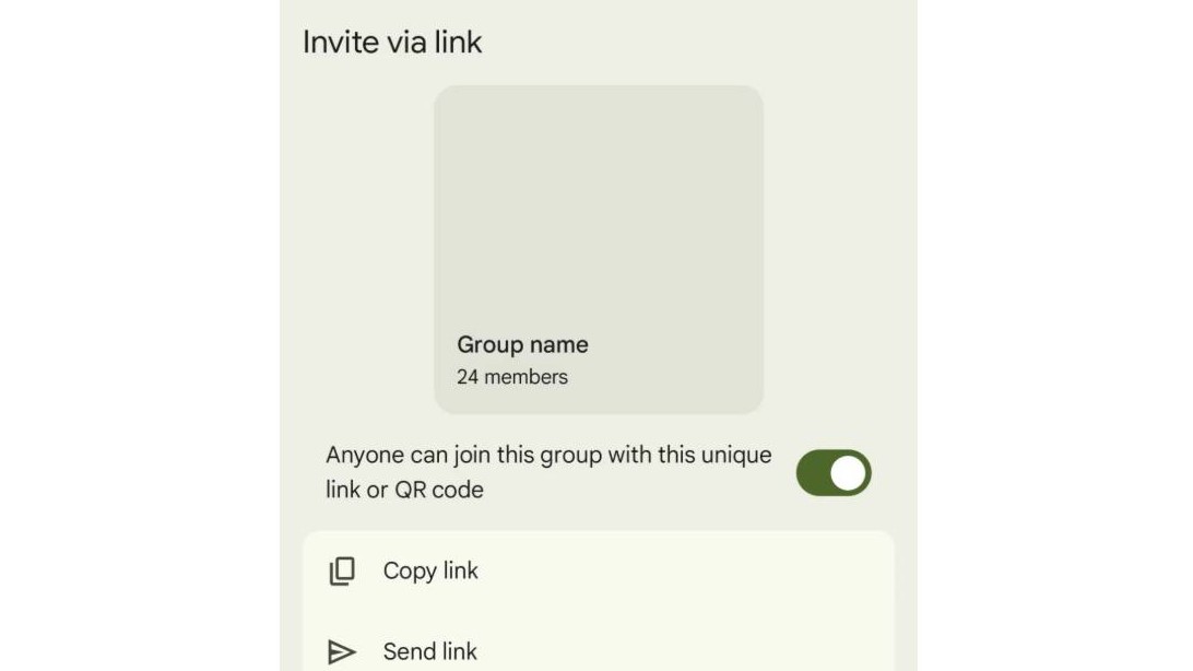 A screen shot of Google Messages' new group chat link feature