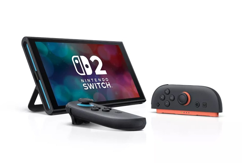 An isolated image of a Switch 2 in tabletop mode with to Joy-Con 2 controllers beside it at an angle.