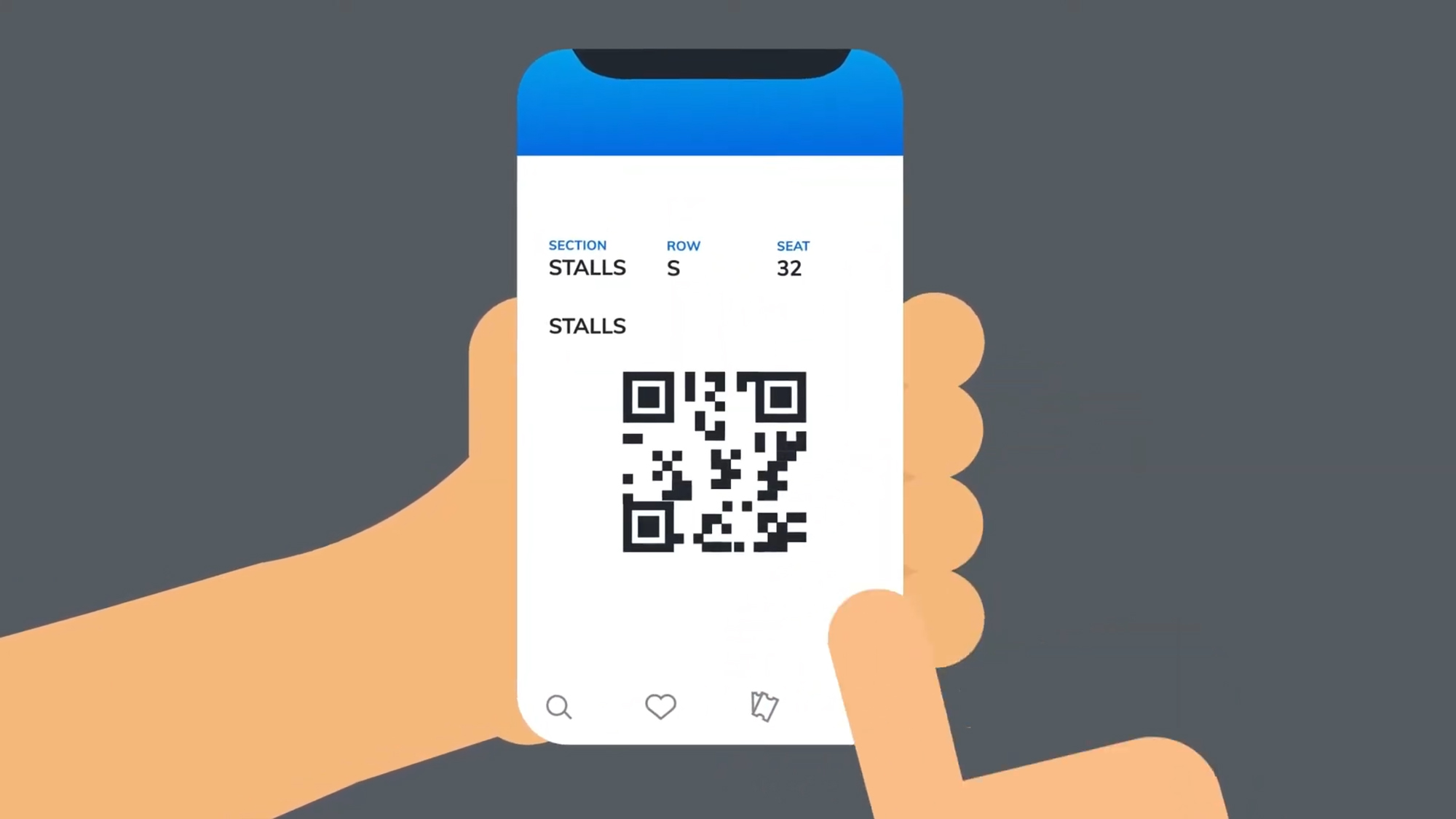 Cartoon hands holding a phone with a QR code and the word Stalls
