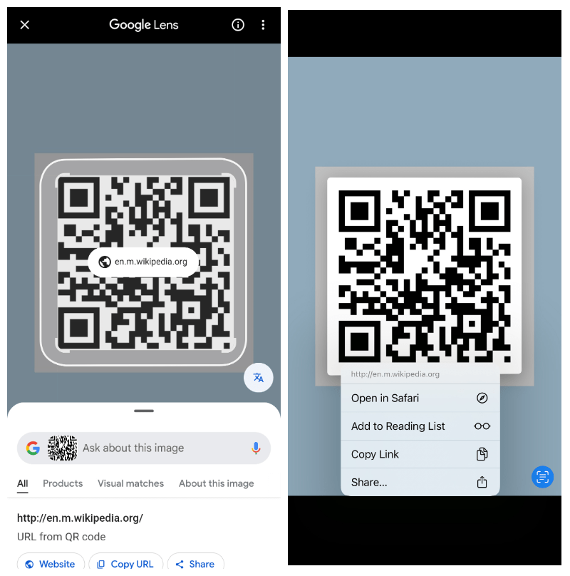 Two screenshots: on the left, one from Google Lens showing a QR code for wikipedia, below which is a popup headed Ask about this image. Right, a QR code with a drop-down menu headed Open in Safari with other choices.