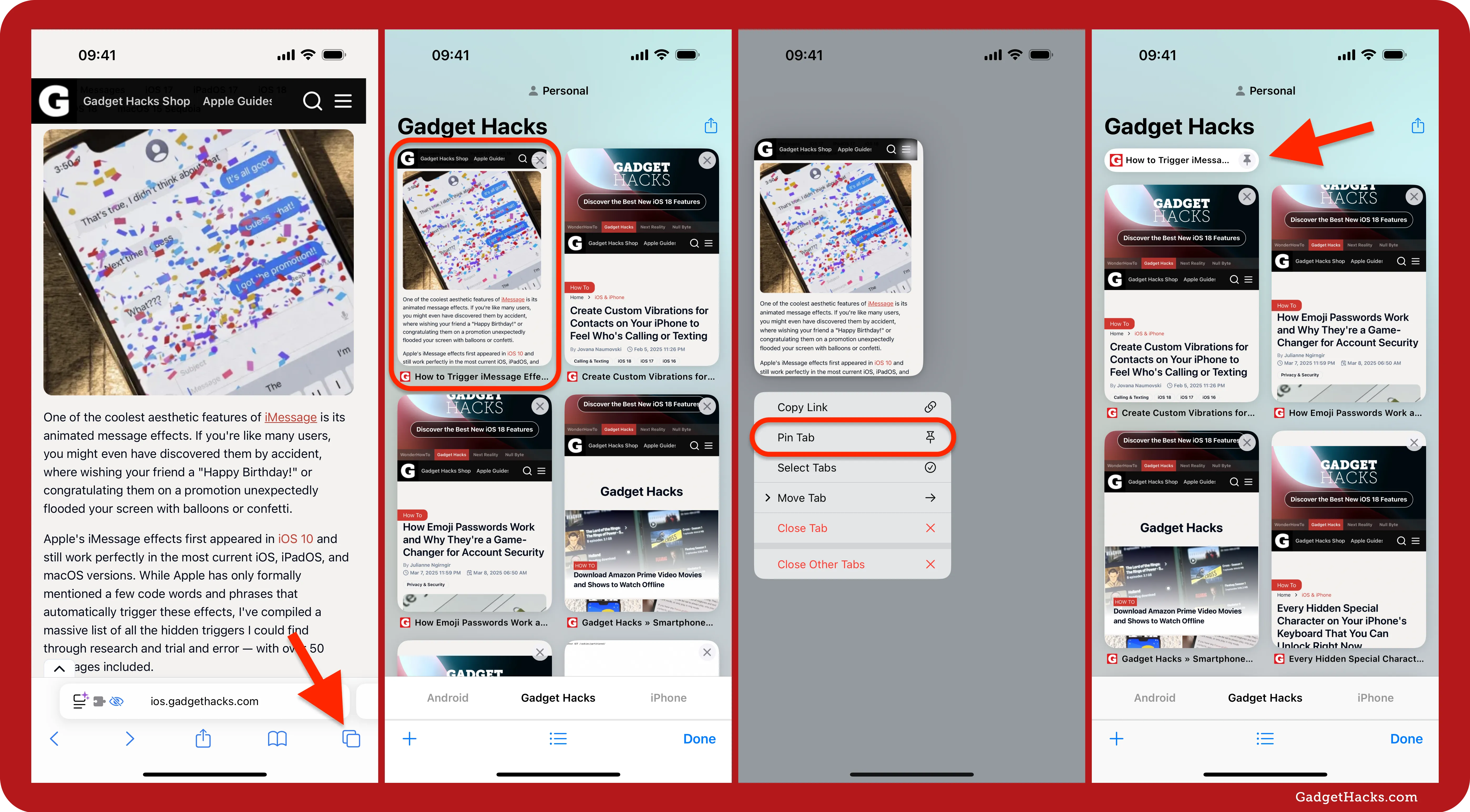 Four iPhone screenshots show Safari’s Tab Switcher on iOS, demonstrating long-press actions and the Pin Tab shortcut for keeping pages fixed.