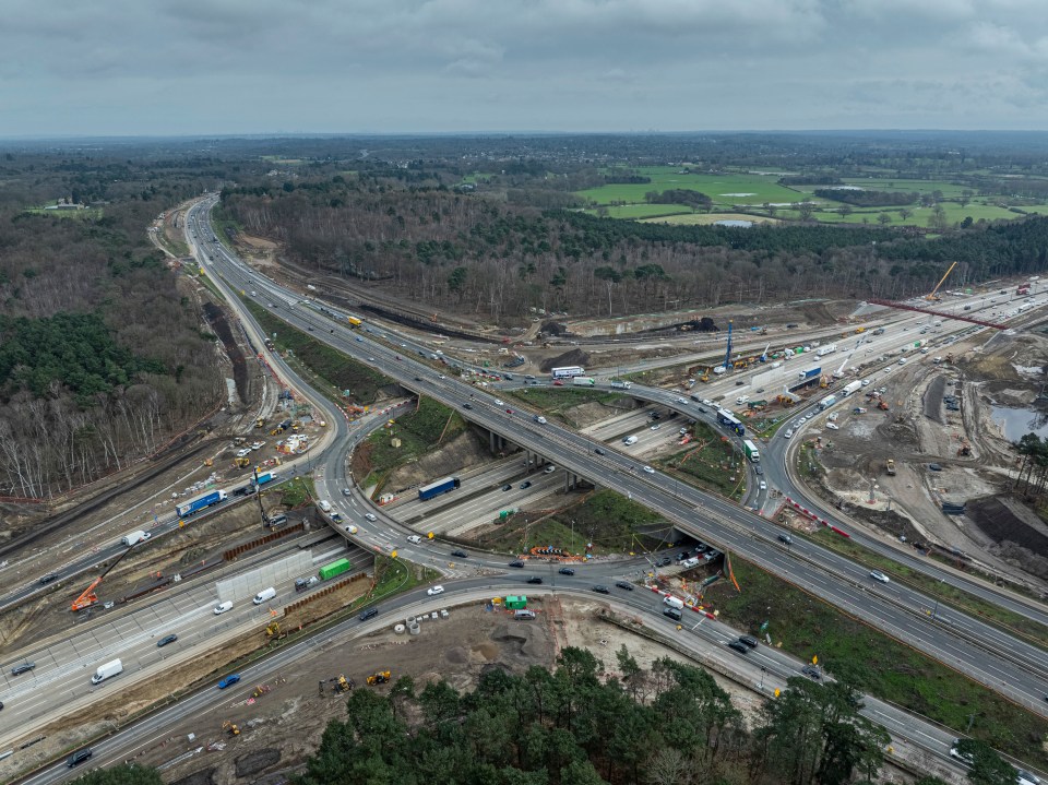 Aerial view of M25 junction 10/A3 Wisley interchange roadworks.